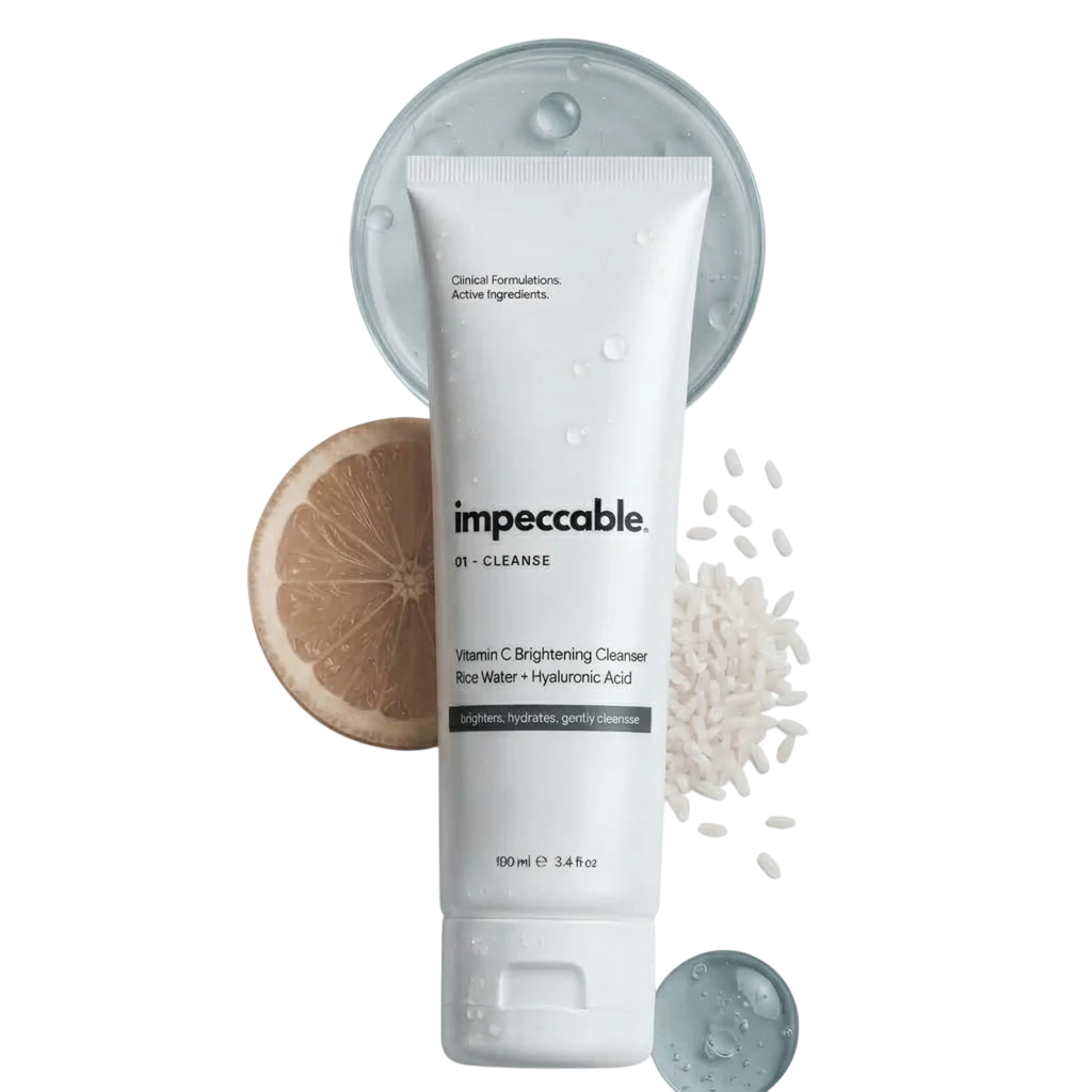 Composição editorial de limpeza facial com cítrico e arroz